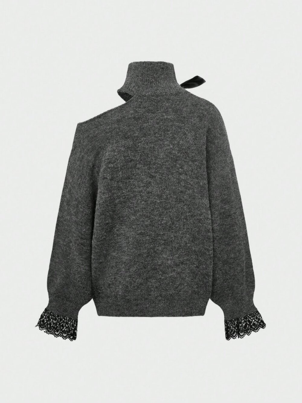 Grey Casual Women's High Neck Open Shoulder Sweater With Bowknot Lace details - Picture 3 of 6